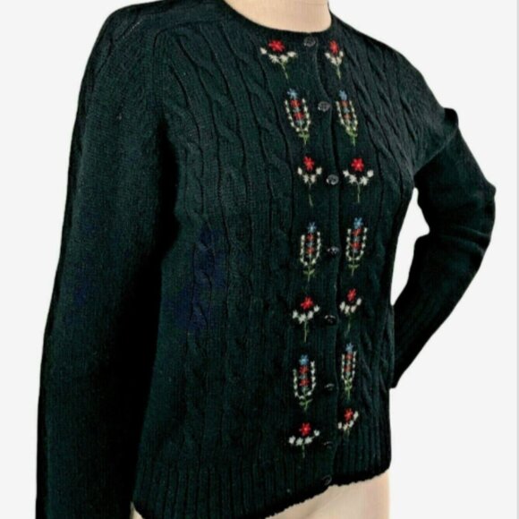 VTG 80s Susan Bristol Hand Embroidered Wool Cable Knit Cardigan M Black #234H - Picture 3 of 8